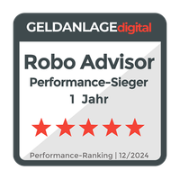 Siegel der Plattform Geldanlage-digital mit der Auszeichnung Performance-Sieger (5 Sterne) 2025 für Evergreen als Robo-Advisor.