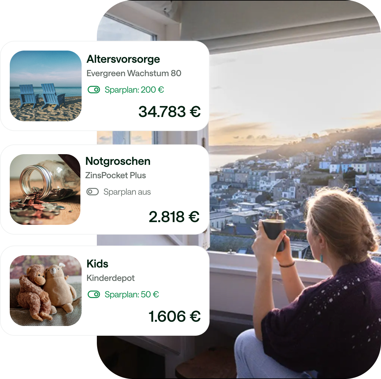 Illustration der Evergreen-App mit Pockets für Altersvorsorge, Notgroschen und Kinderdepot vor einer Urlaubsszene