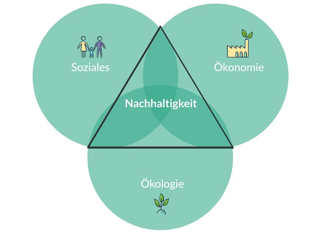 Nachhaltigkeitsdreieck: Ökologie, Ökonomie und Soziales überschneiden sich in der Mitte