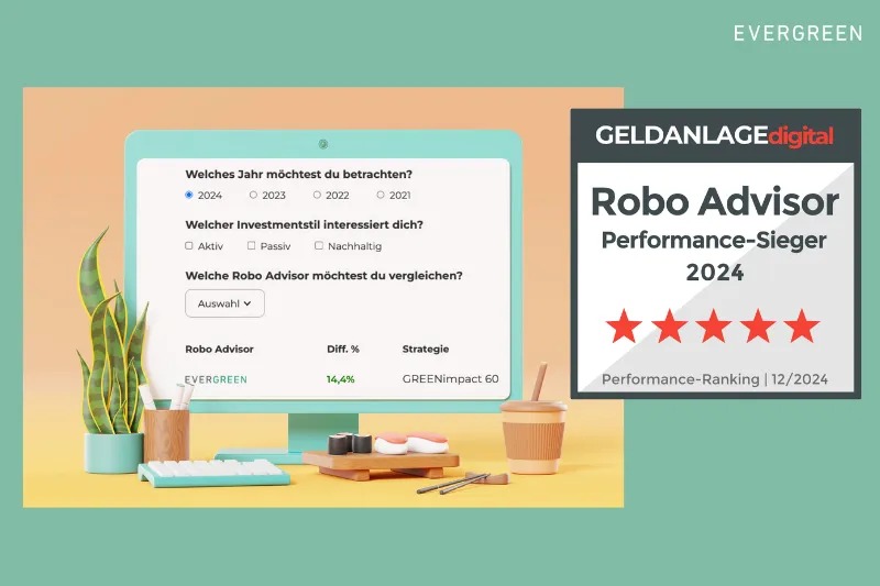 Auszeichnung von Geldanlage digital: Evergreen ist Performance-Sieger 2024 im Robo-Advisor-Ranking, fünf Sterne, Performance-Ranking 12/2024