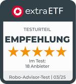 Siegel der Plattform extraETF mit dem Testurteil Empfehlung (5 Sterne) für Evergreen im Robo-Advisor-Test 03/2025