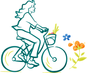 Illustration einer Frau, die vergnügt mit einem Fahrrad durch die Natur fährt.