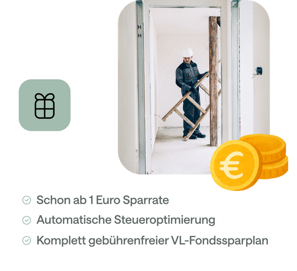 Ein Handwerker im Blaumann trägt eine Leiter aus einer Wohnung, die saniert wird. In seiner Geldbörse landen vermögenswirksame Leistungen.