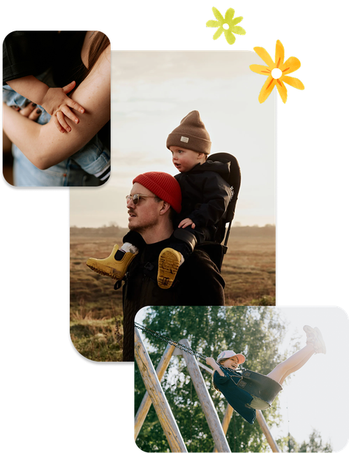 Collage mit Familienmomenten: Kind im Arm, Vater trägt Kind auf den Schultern, Kind schaukelt im Freien.