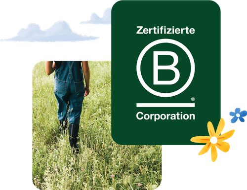 Collage mit dem B Corp-Siegel und einer Person, die über eine wilde grüne Wiese läuft.