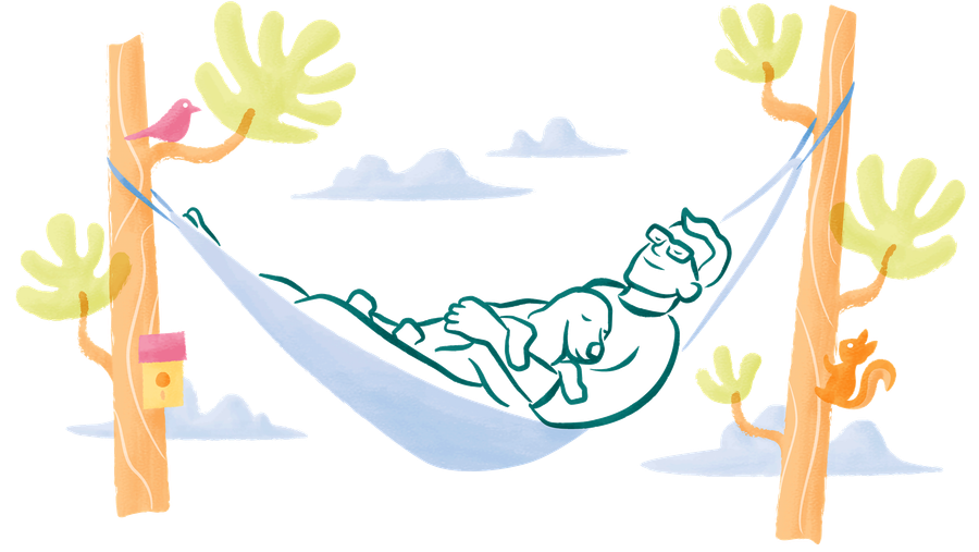 Illustration eines Mannes, der mit seinem Hund in einer Hängematte draußen entspannt, zwischen Bäumen und kleinen Tieren.
