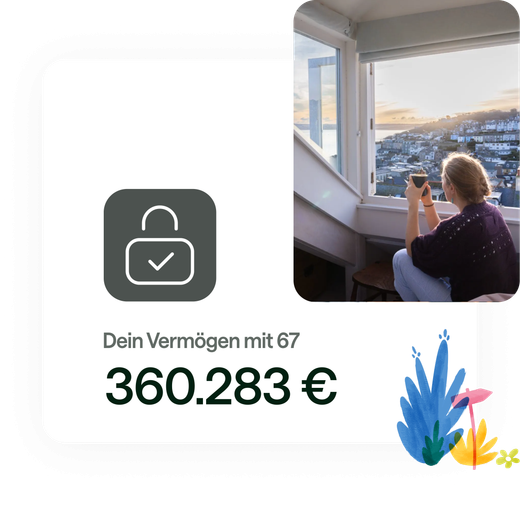 Frau sieht entspannt aus dem Fenster, während ihr ein geschütztes Vermögen bis 67 prognostiziert wird.